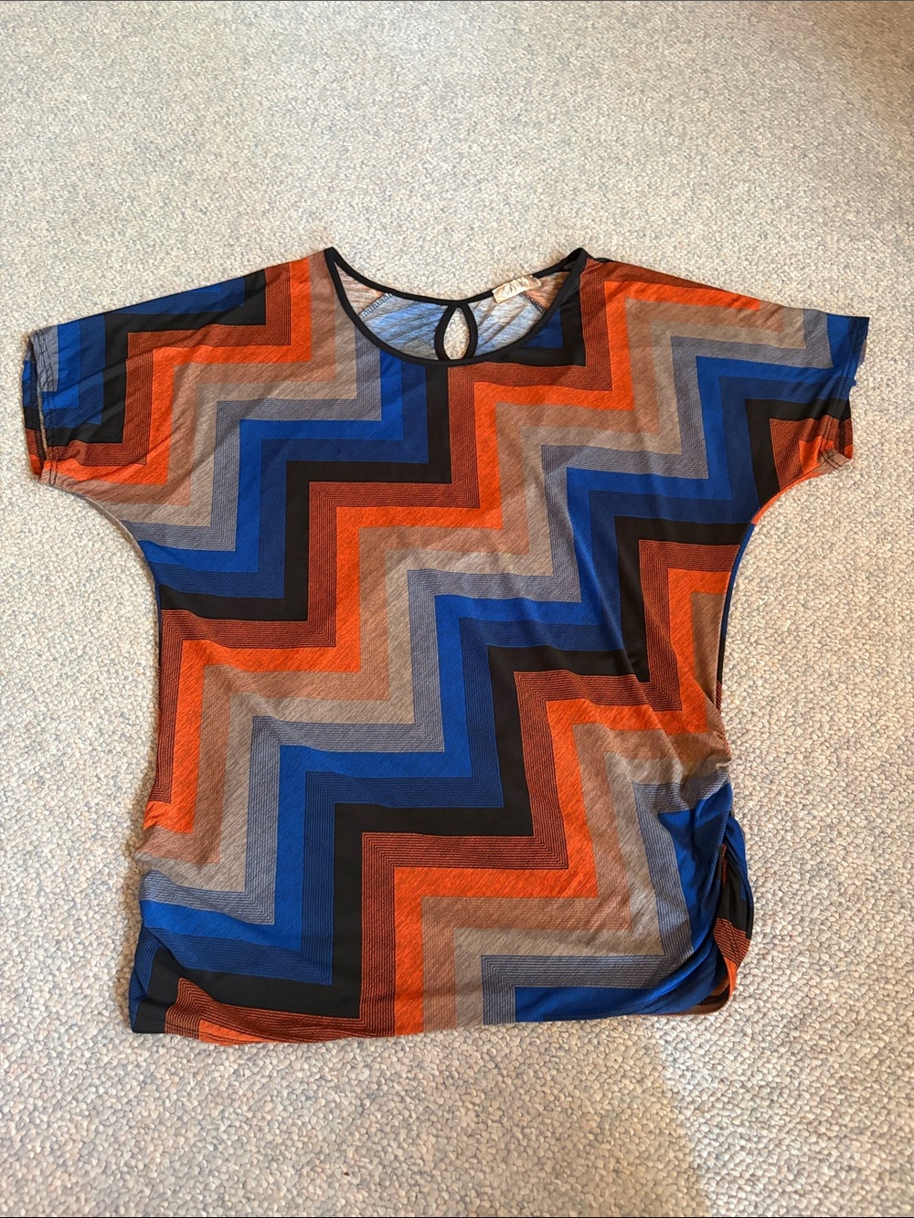 Lavish Zigzag Chevron Short Sleeve Top in Orange, Blue, Brown & Gray